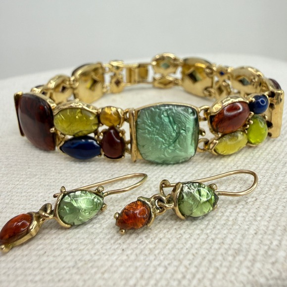 Liz Claiborne Foiled Art Glass Bracelet Earrings Set Signed Vintage Colorful